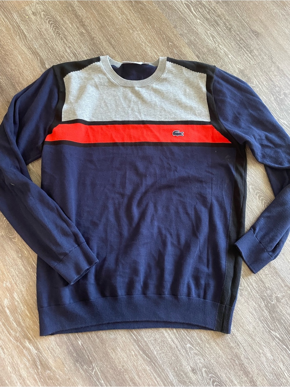Lacoste Navy Crewneck Sweater with Red and Light Gray Panels
